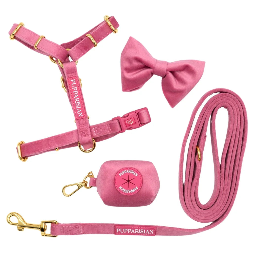 Samt-H-Geschirr mit Schleife – Rosa