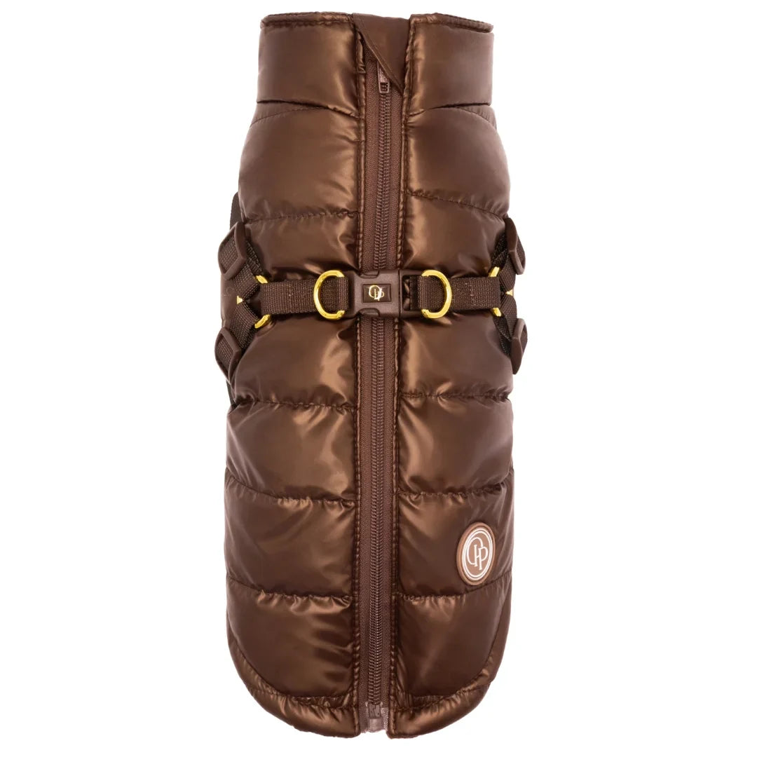 Winter-Hundemantel 2-in-1 (Gefüttert & Wasserfest) mit Geschirr – Braun