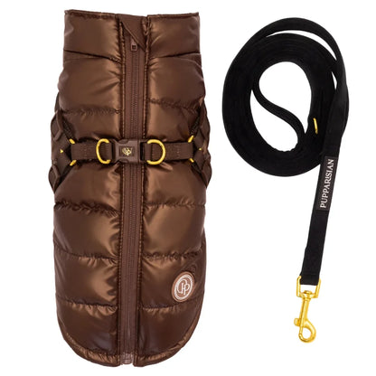 Winter-Hundemantel 2-in-1 (Gefüttert & Wasserfest) mit Geschirr – Braun