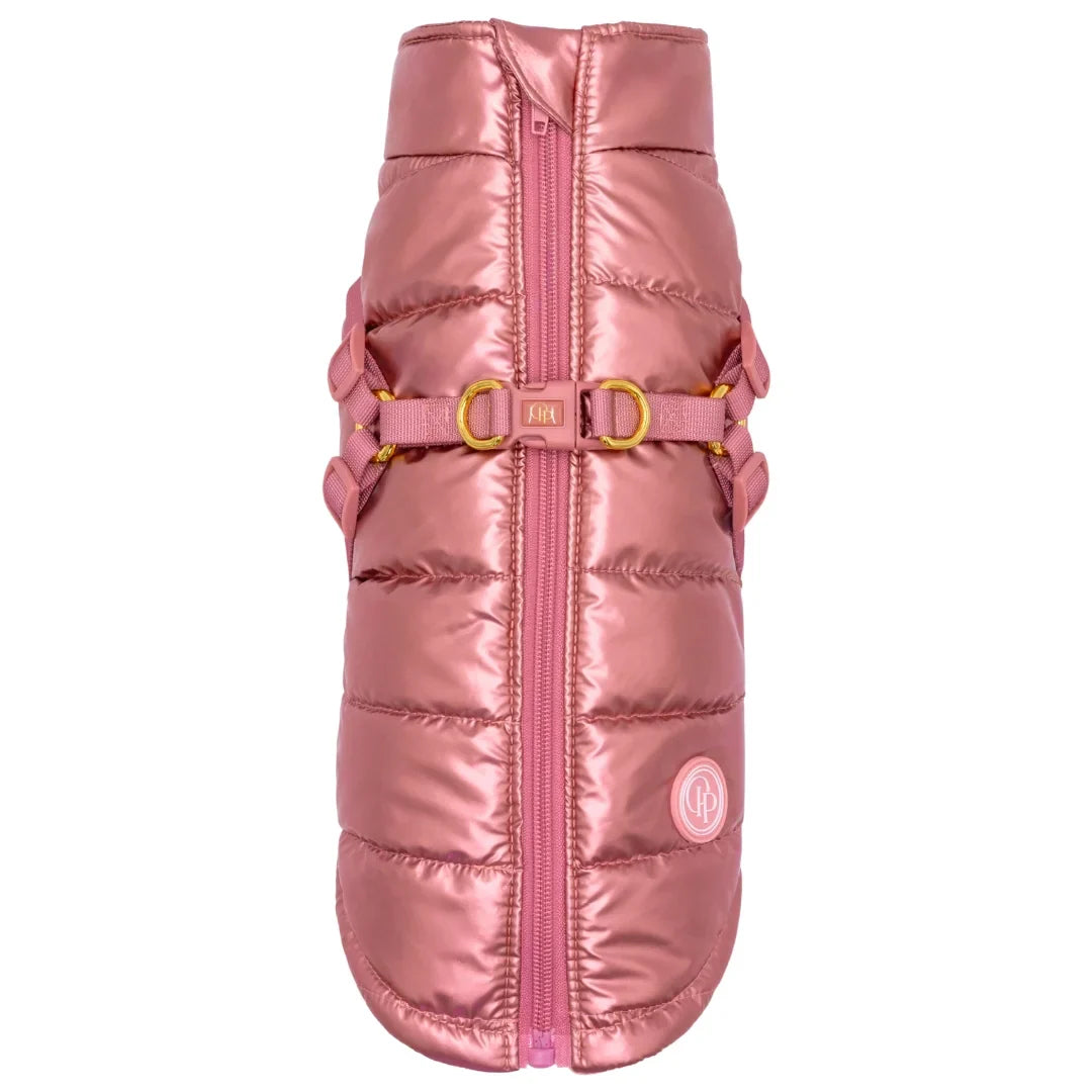 Winter-Hundemantel 2-in-1 (Gefüttert & Wasserfest) mit Geschirr – Rosa