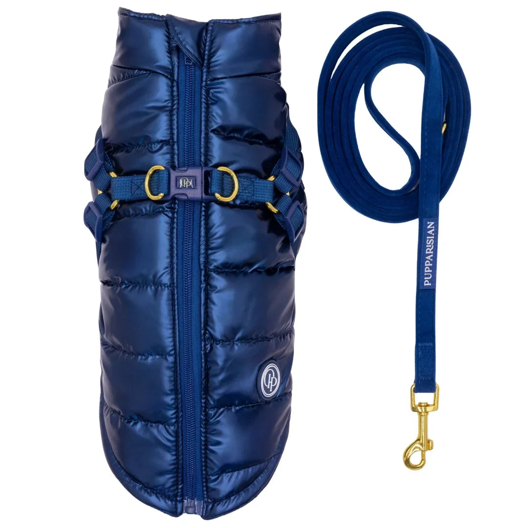 Winter-Hundemantel 2-in-1 (Gefüttert & Wasserfest) mit Geschirr – Dunkelblau
