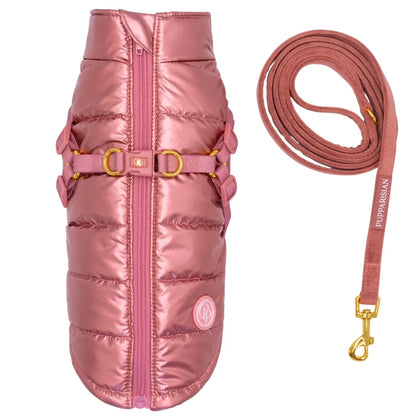 Winter-Hundemantel 2-in-1 (Gefüttert & Wasserfest) mit Geschirr – Rosa
