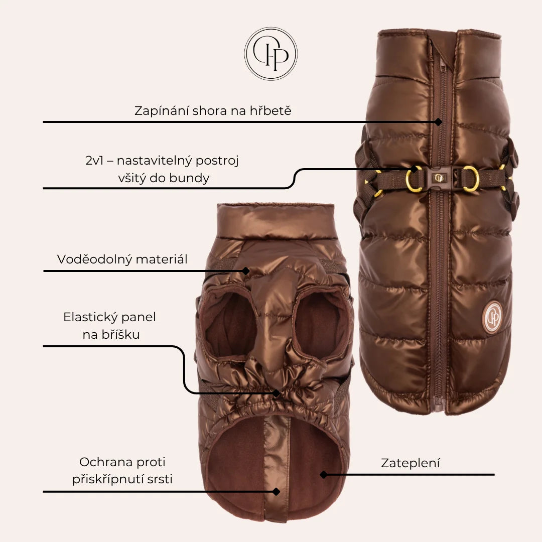 Winter-Hundemantel 2-in-1 (Gefüttert & Wasserfest) mit Geschirr – Braun