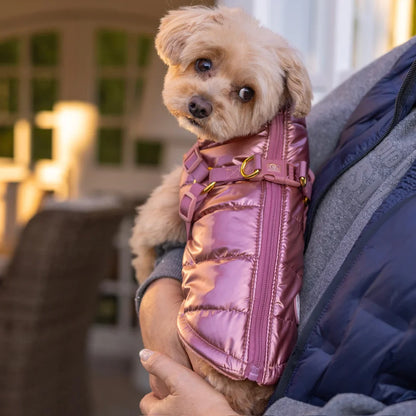 Winter-Hundemantel 2-in-1 (Gefüttert & Wasserfest) mit Geschirr – Rosa