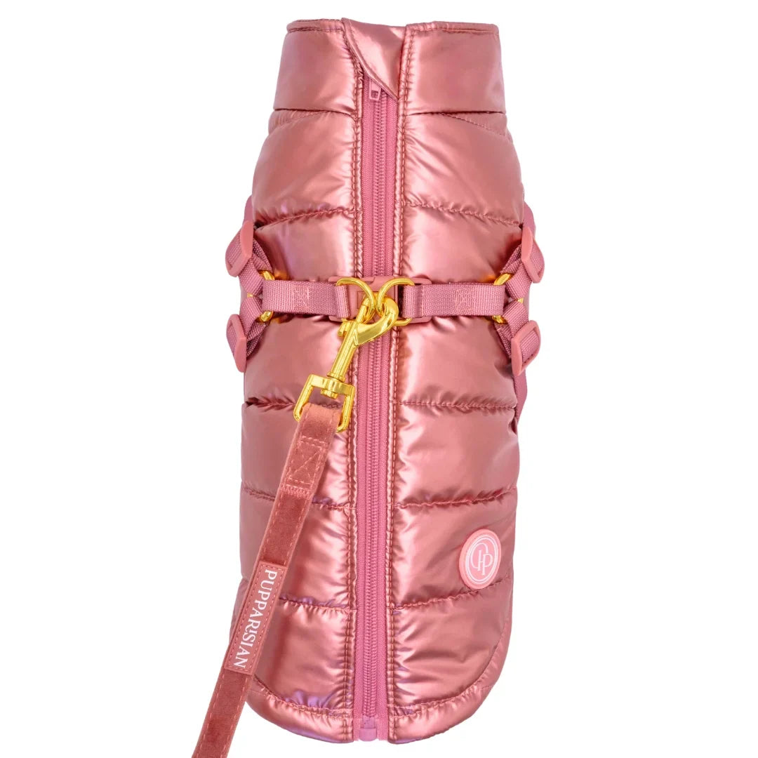 Winter-Hundemantel 2-in-1 (Gefüttert & Wasserfest) mit Geschirr – Rosa