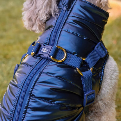 Winter-Hundemantel 2-in-1 (Gefüttert & Wasserfest) mit Geschirr – Dunkelblau