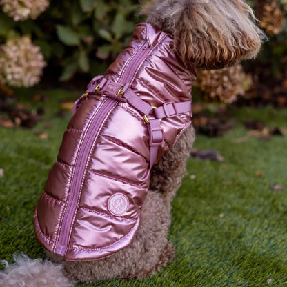 Winter-Hundemantel 2-in-1 (Gefüttert & Wasserfest) mit Geschirr – Rosa