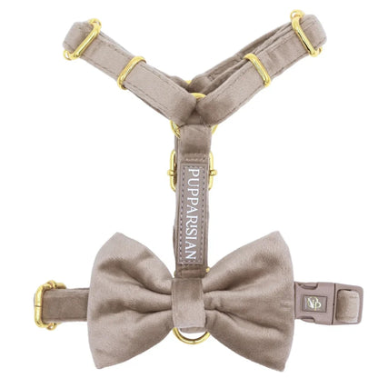 Samt-H-Geschirr mit Schleife – Beige