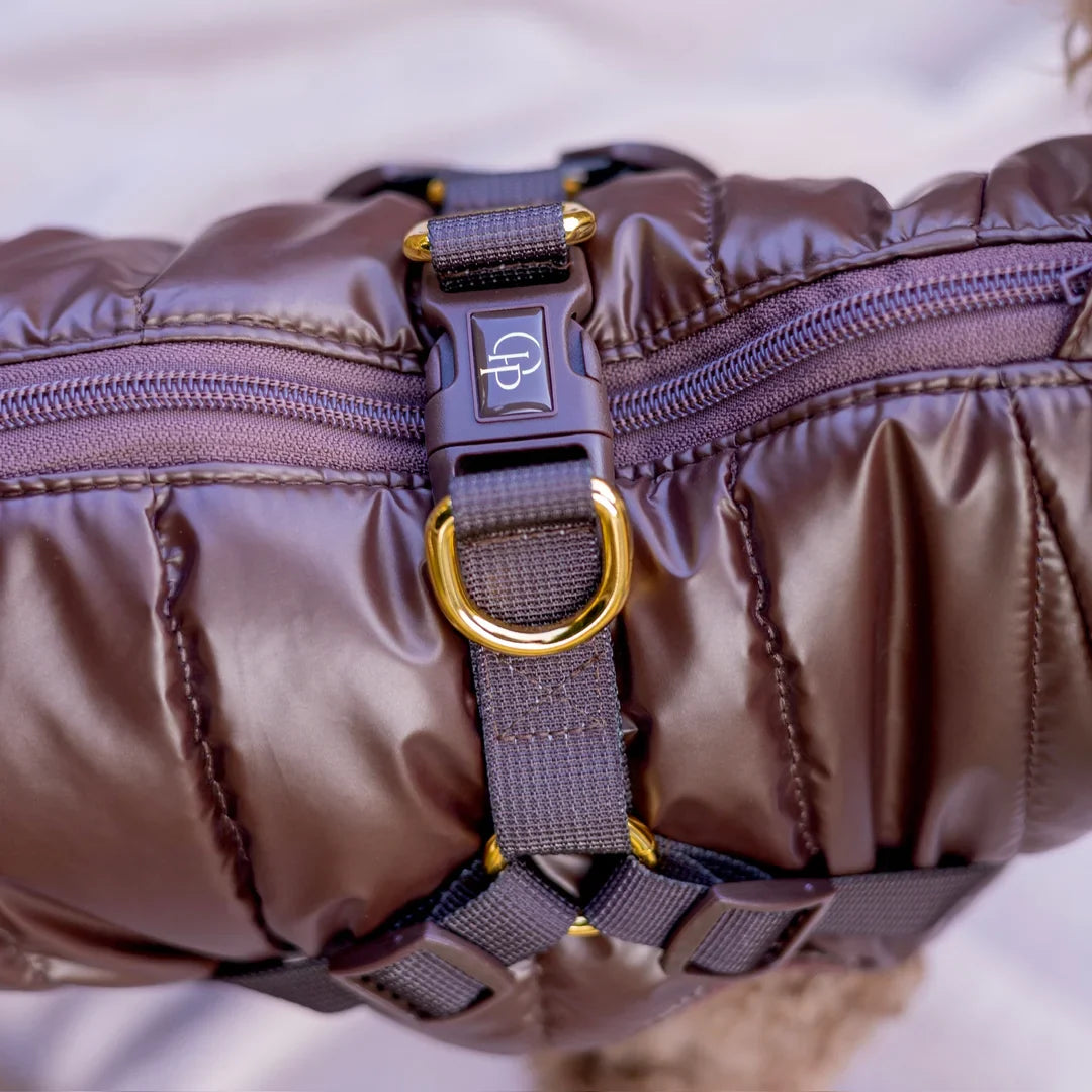 Winter-Hundemantel 2-in-1 (Gefüttert & Wasserfest) mit Geschirr – Braun