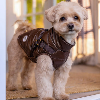 Winter-Hundemantel 2-in-1 (Gefüttert & Wasserfest) mit Geschirr – Braun
